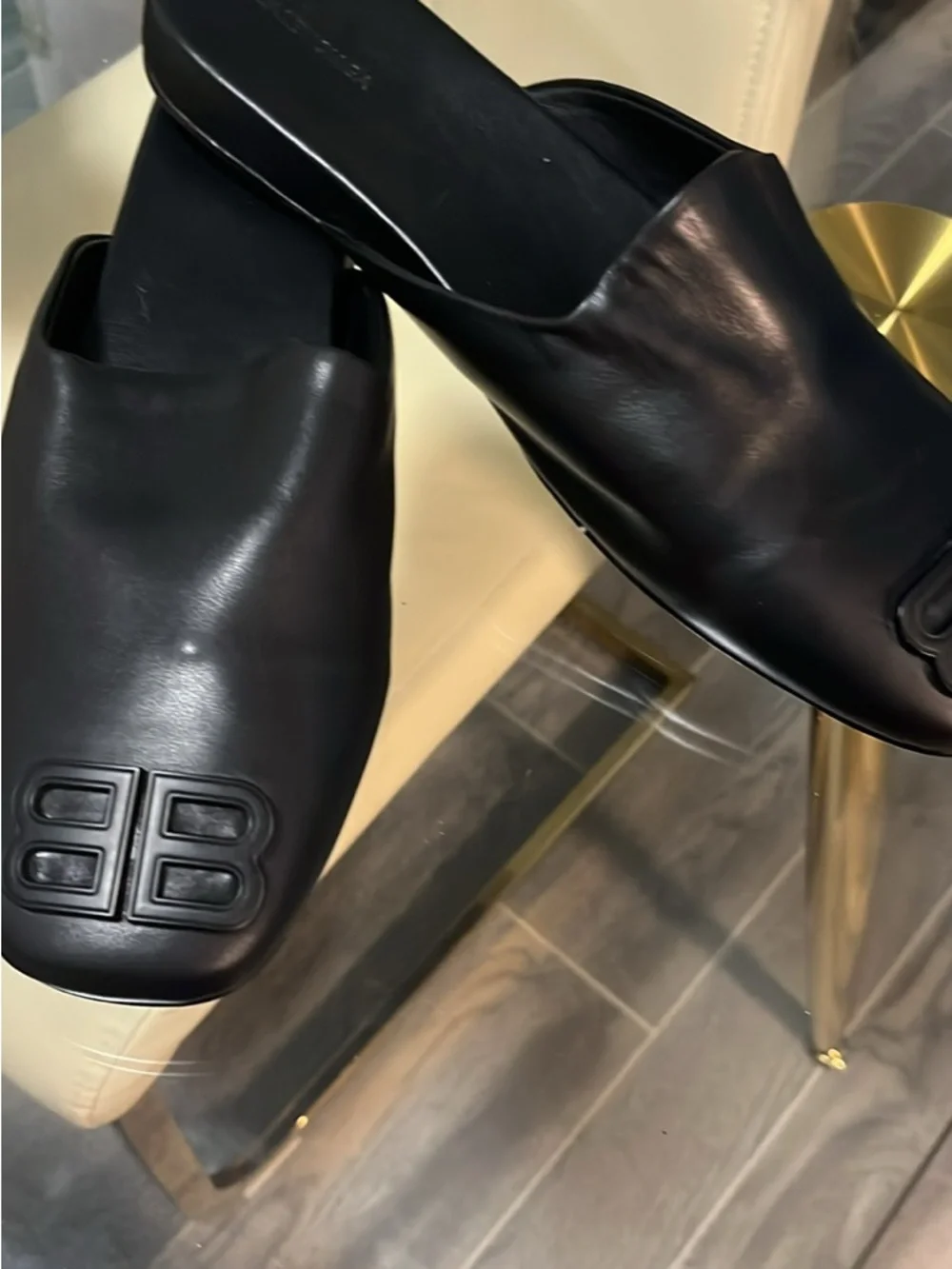 Balenciaga Black Leather Logo Slide Mules - Picture 2 of 4